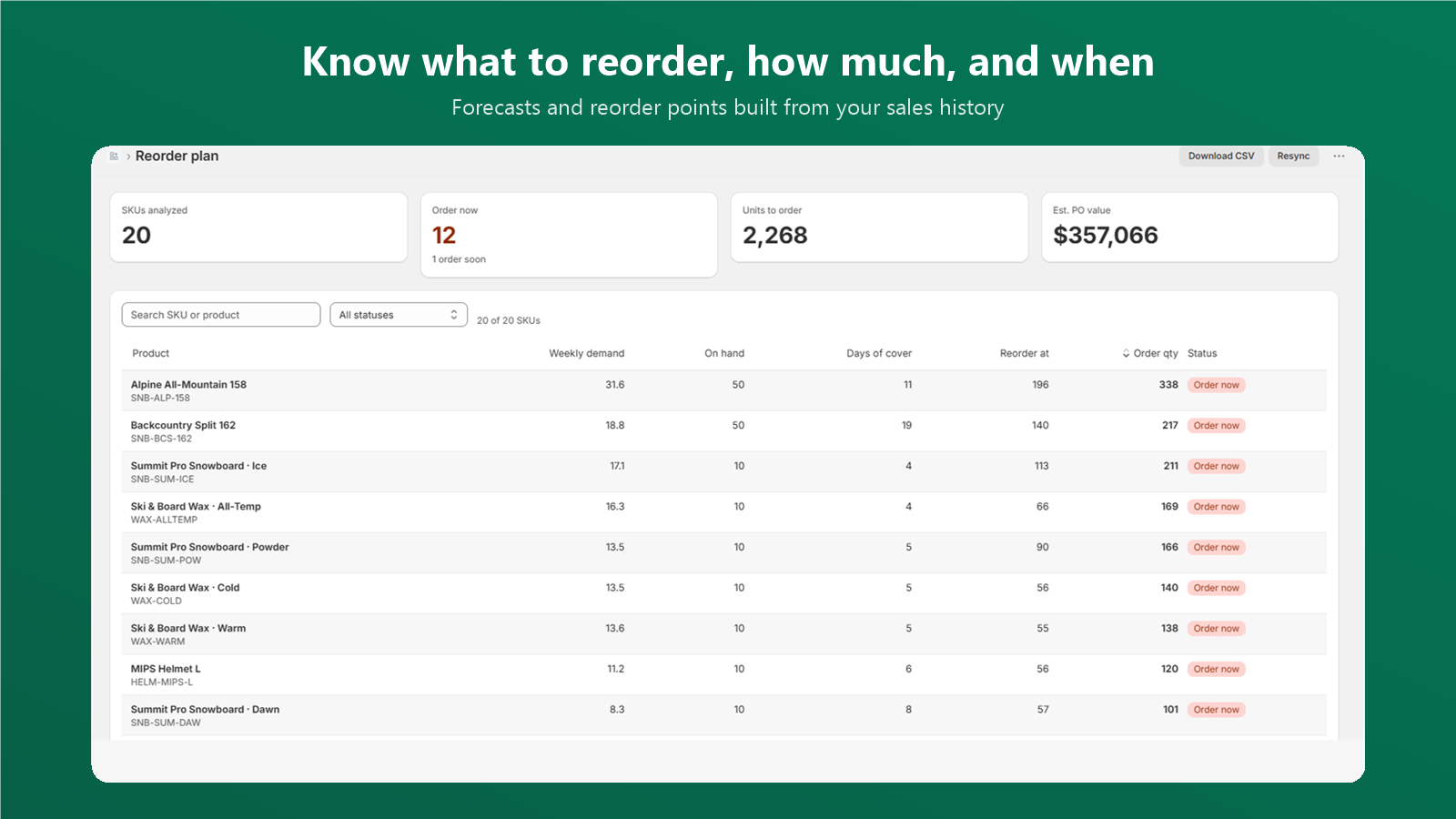 The Stockward reorder plan inside the Shopify admin